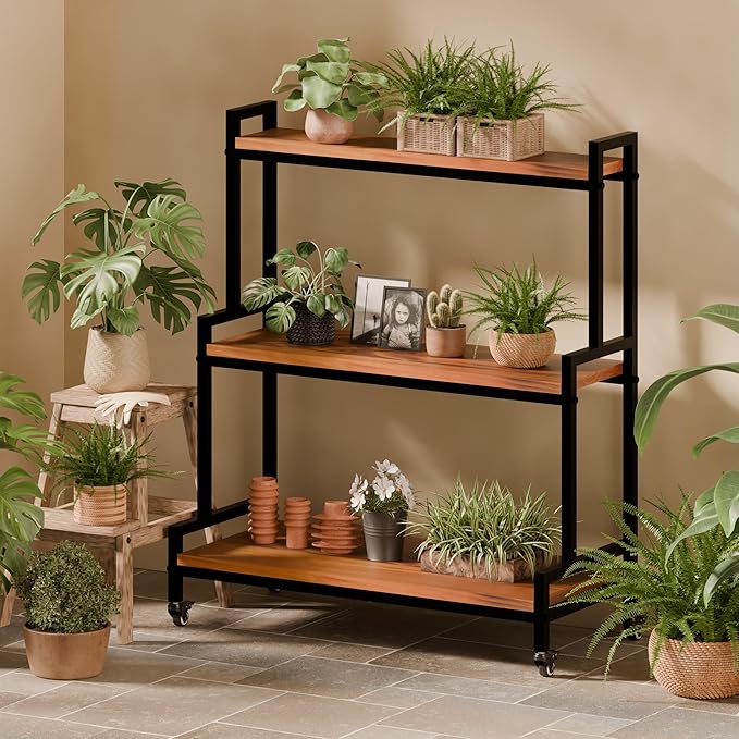 YCCO Plant Stand Indoor with Wheels 37” H, Rolling Plant Shelf Rack Outdoor,Metal Plant Stand with Solid Wood for Multiple Plants,Industrial Ladder Plant Flower Shelf for Garden,Living Room,Teak