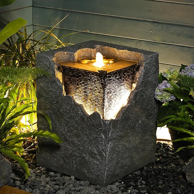 Garden Water Fountain Outdoor Bubbling Fountain Small Fountains Indoor Waterfall Floor Standing Water Fountains for Garden, Patio with LED Lights, Pump, Natural Stones