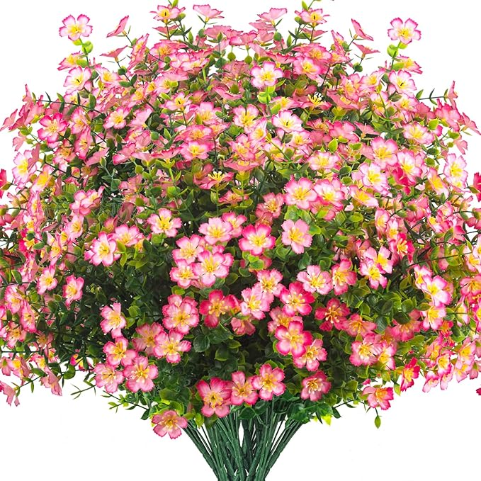 Grunyia Outdoor Artificial Flowers UV Resistant & Fade Proof, 12 Pack Realistic Fake Flowers for Garden, Patio, Lawn Decor - Weatherproof Plastic Plants (Pink)
