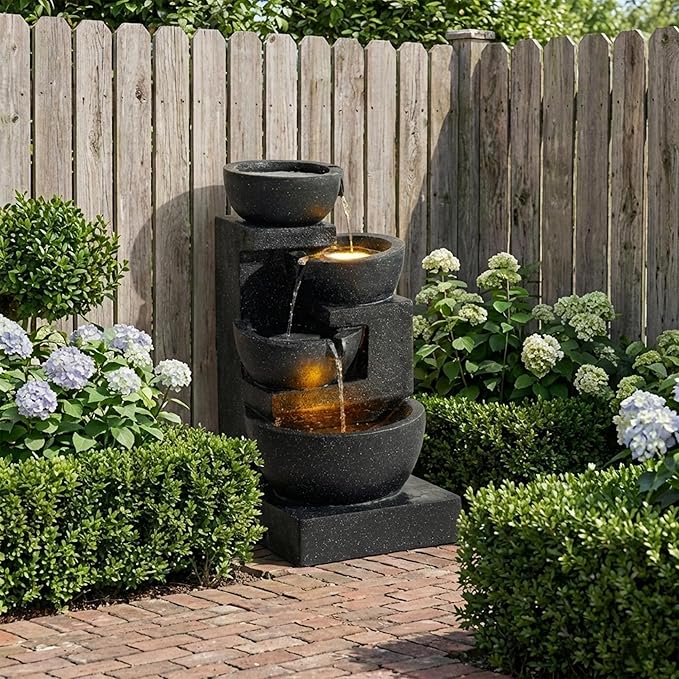 29" H Terrazzo Style Outdoor Water Fountain, 4-Tier Cascading Bowls with Stacked Stone Design and LED Lights, Freestanding Resin Water Feature for Garden Patio Porch