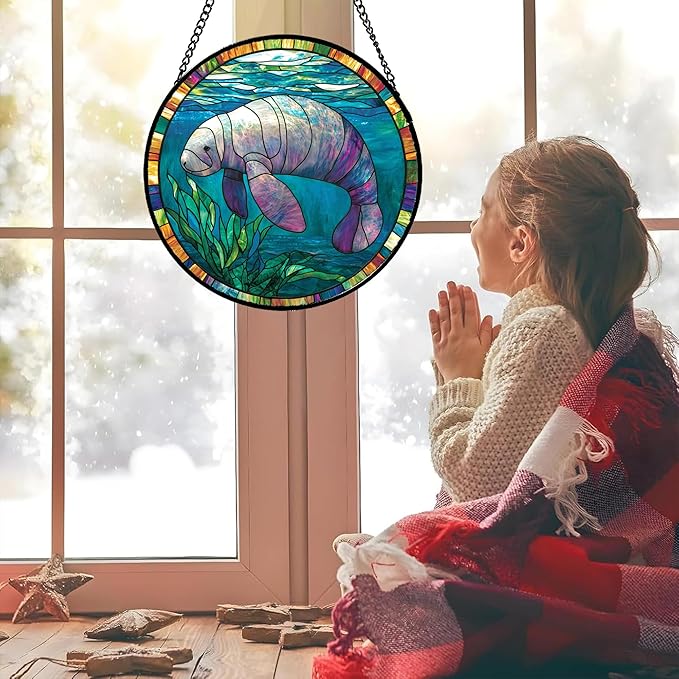 Stained Glass Window Hanging Blue Ocean Seaweed Manatee 6.3" - Suncatcher Door Garden Sunroom Sun Catcher Home Decor Birthday Christmas for Mom Men Woman Nana