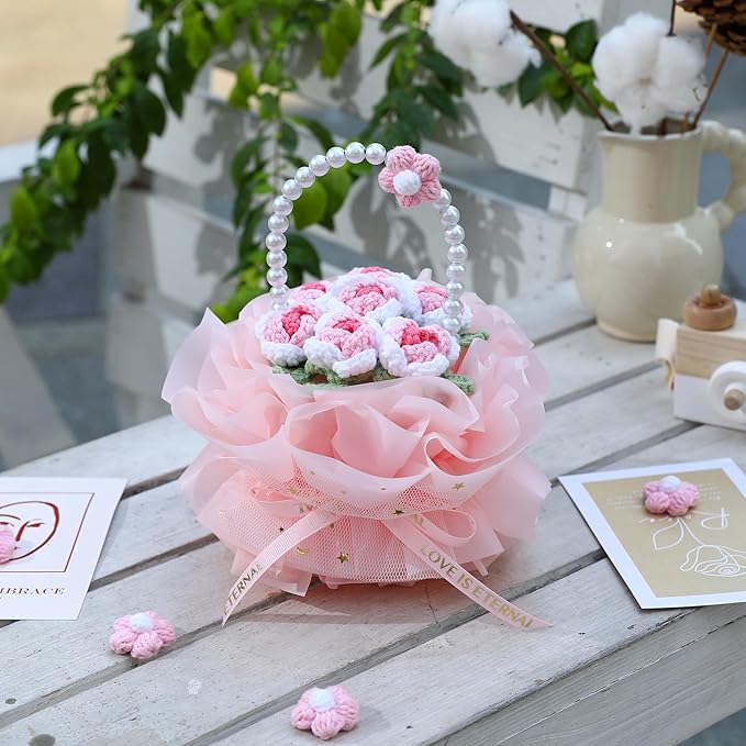 YOOJEE Crochet Flower Bouquet Pink Valentines Day Gift for Her Wife Girlfriend Women Sister Handmade Knitted Rose Basket for Mother Women Teachers Coworkers Gradient Pink Yarn Flower