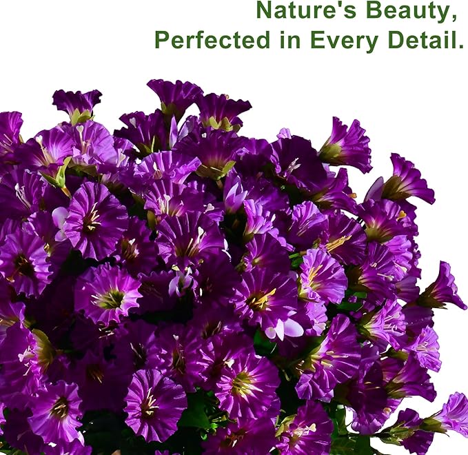 Artificial Morning Glory Flowers Plants for Outdoor 8 Pcs Faux Silk Petunias Flower Realistic Faux Flowers Plants for Outside Planter Porch Yard Patio Balcony Home Indoor Decor (8 Pcs Purple+Purple)
