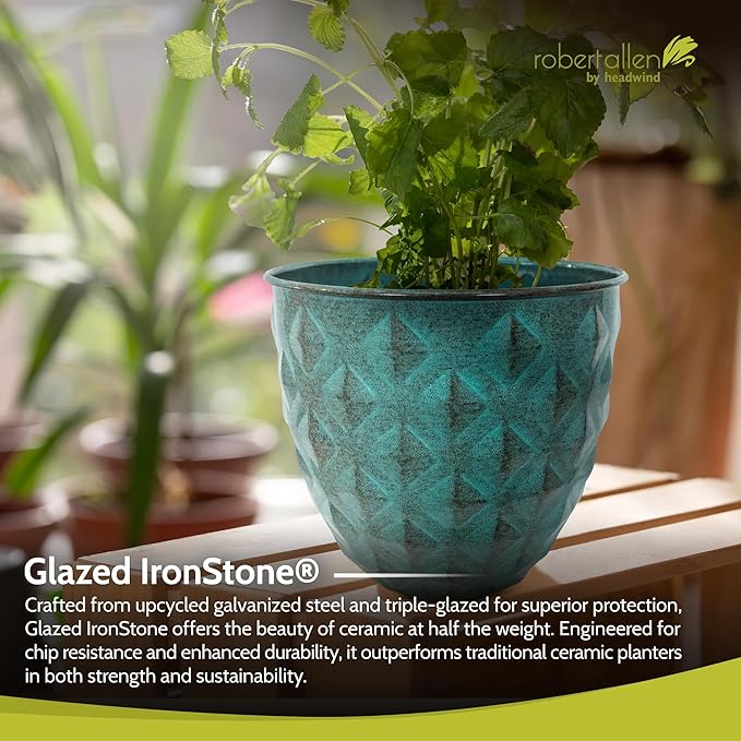 Headwind Glazed Ironstone Diamonte Collection – Surf Green 12-Inch Decorative Plant Pot, Indoor & Outdoor, Vintage Diamond-Textured, Lightweight & Weather-Resistant for Garden Use by Robert Allen