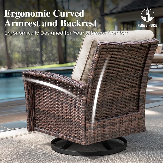 HERA'S HOUSE Outdoor Furniture, 2 x High Back Swivel Patio Chairs with 5.5" Cushions Wicker Rattan Deck Balcony Porch Furniture, Beige