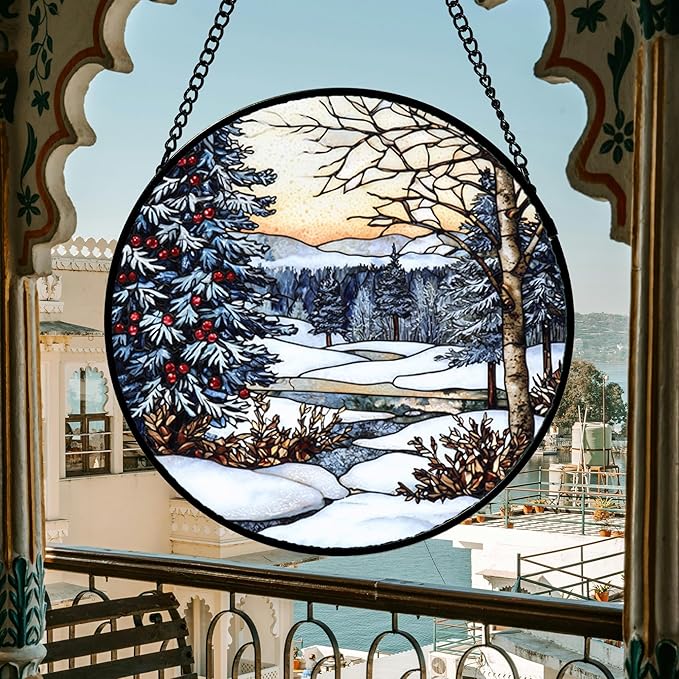 DASTOLL Stained Glass Window Hanging, Winter Snow Landscape Suncatcher Diamond Glass Panel Sun Catchers Decor for Birthday for Women, Men, Wife, Aunt, and Mom 14.9 in