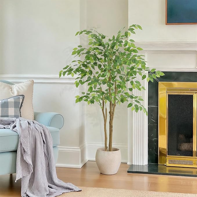 Tall UV Resistant Ficus Tree Artificial，4ft(48in) Faux Ficus Tree with Realistic Smooth and Shiny Leaves， Fake Trees Indoor Outdoor for Home Office Living Room Bedroom Foyer Porch Decor.