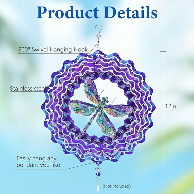 Dragonfly Wind Spinners Outdoor, Dragonfly Gifts for Women Wife Mom Grandma, Hanging Wind Sculptures Spinners, 12 inch Outdoor Indoor Hanging Ornament for Christmas