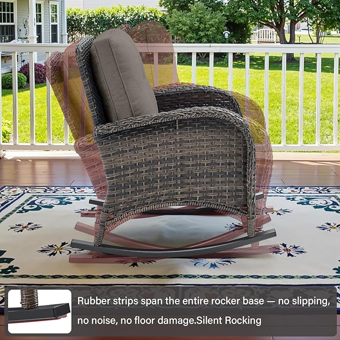 Belord Patio Rocking Chair Wicker Chair, 1 Piece Outdoor Rocking Chair Seating with Cushions for Porch Deck Balcony, Brown/Gray