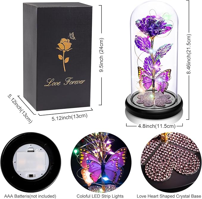Valentines Day Rose Gifts for Her Women Birthday Gift Galaxy Glass Rose in Glass Dome Forever Eternal Crystal Flowers with Butterfly Valentines Day Gifts for Women Daughter Mom Wife Girlfriend Purple