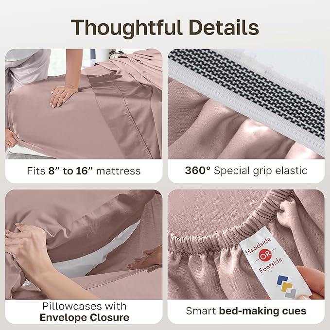 California Design Den King Size Bed Sheets Set - Certified Authentic 100% Egyptian Cotton Sateen, Deep Pocket King Size Sheets Set, Gripper Elastic, Durable Luxury Bedding - Sepia Rose