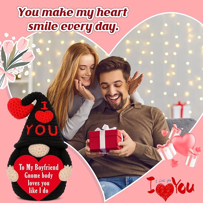 Valentines Gifts for Boyfriend from Girlfriend - Handmade Crochet Gnome, Romantic Valentine‘s Day Birthday Xmas Presents for Him, I Love You Sentimental Gift for Lover