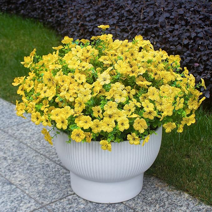 HIFORESTAR Yellow Artificial Outdoor Flowers 12 Bundles Fake Daisy Faux Mums Fall Plants Cheerful Weatherproof Floral Arrangements Decoration for Outside Landscaping Decor (Yellow Daisy)
