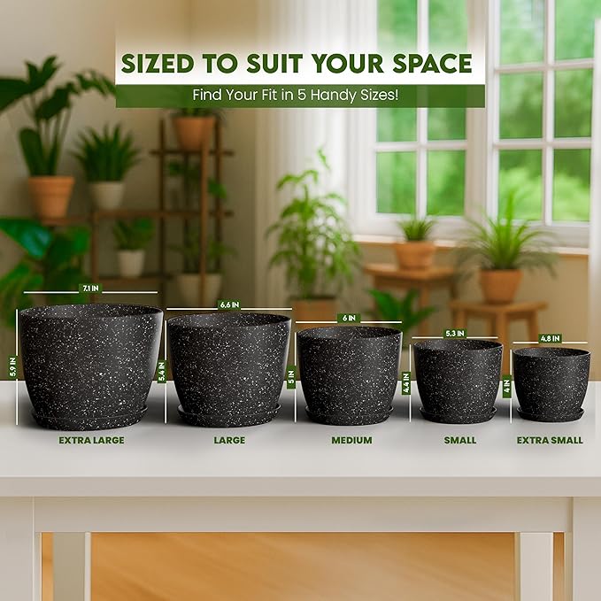 Utopia Home - Spotty Plant Pots Indoor with Drainage - 7/6.6/6/5.3/4.8 Inches Flower Pots - 5 Pack Plastic Planters - Ideal for Stocking Stuffers - (Speckled Black, Pack of 10)