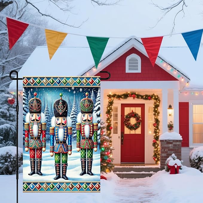 IVN Christmas Garden Flag 12x18 Inch Nutcracker Soldiers in Colorful Uniform with Snowy Pine Trees and Holiday Border Flag Double Sided Outdoor Yard Banner for Porch Lawn Patio Decor Winter