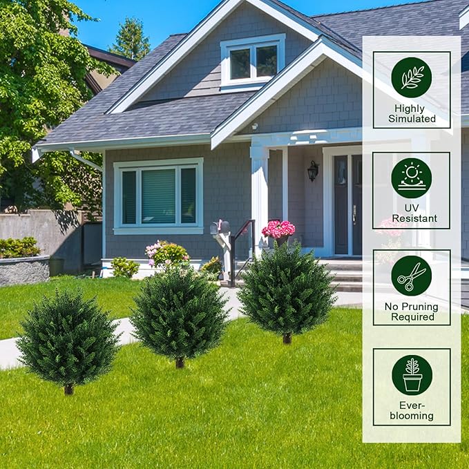 Artificial Cedar Topiary Ball Tree with Ground Spike, Set of 2 UV Resistant Artificial Bushes for Outdoors Faux Shrubs, Weatherproof Fake Round Cypress Ball Bushes Plant for Front Porch