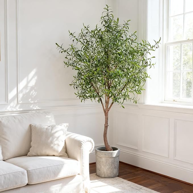 Niwellveb Fake Tree Faux Olive Tree Artificial Olive Trees Artificial Indoor Realistic Potted Silk Indoor Large Fruit for Home Offices, Living Rooms, Bedrooms, Stairs and Foyer Decor (8 Ft Leaf Type)