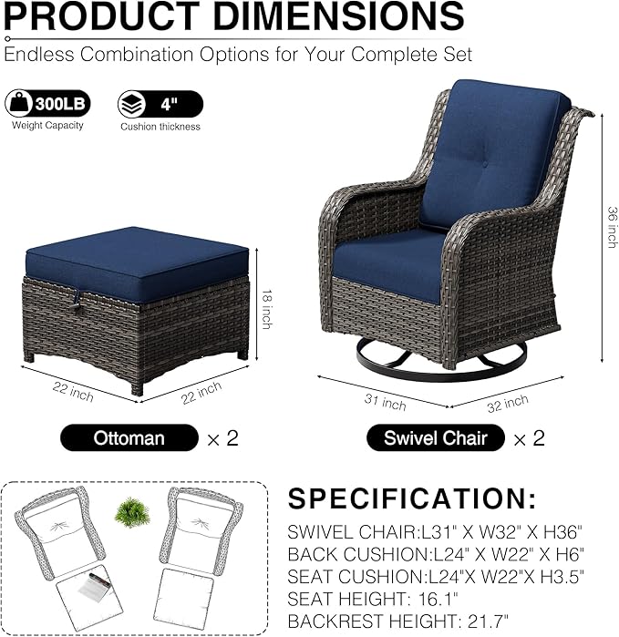 Joyside 4 Piece Wicker Patio Furniture Set, Outdoor Swivel Rocker Patio Chairs with High Back, Deep Seating, Wide Armrest, Thickened Cushions, Outdoor Furniture for Deck, Porch Use