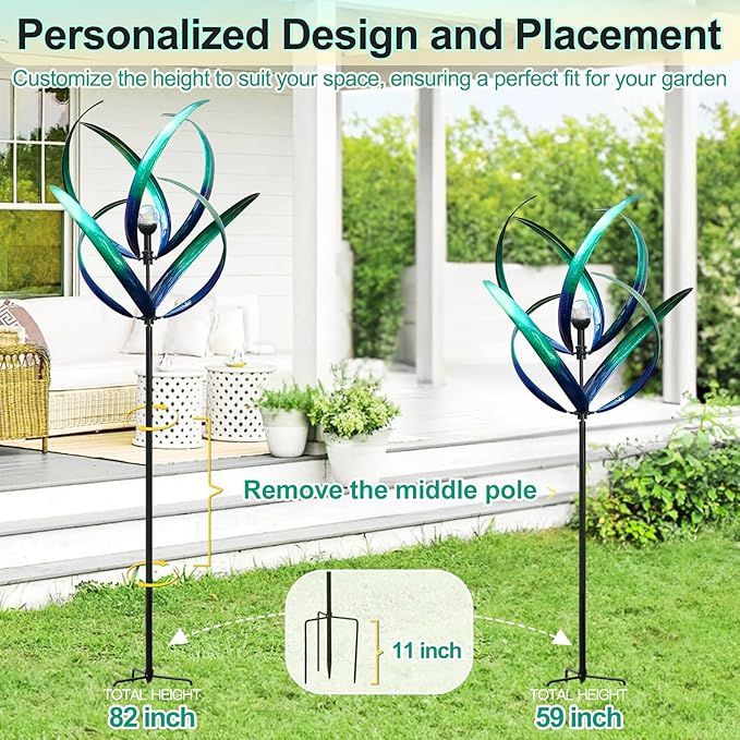 Lariander Outdoor Wind Spinners with Solar Light, 82'' Metal Large Spinner Yard Art, Peacock Blue Wind Sculptures for Garden Lawn Patio, Gifts for Family