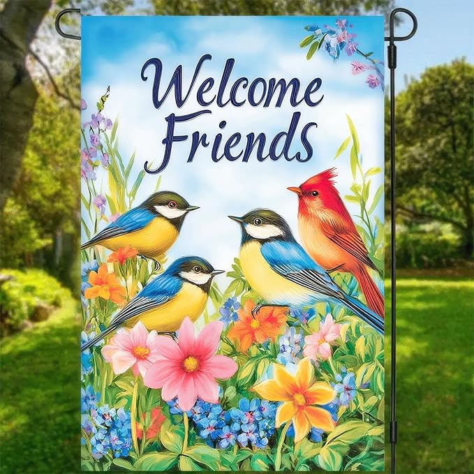 Welcome Spring Garden Flag 12x18 Double Sided Birds and Flowers Yard Flags Welcome Friends Garden Flags Decorative Outside Outdoor House Spring Summer Decoration for Outdoor Lawn Patio