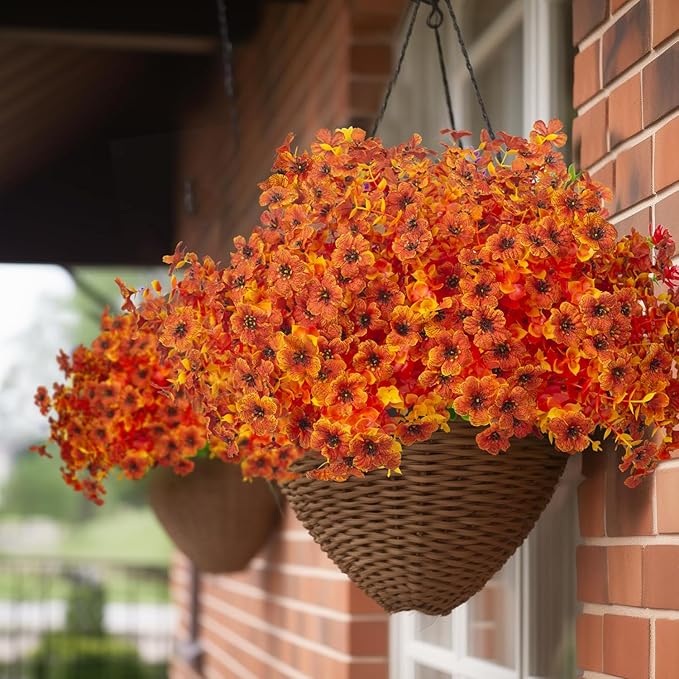 Grunyia 16 Bundles Artificial Fall Flowers for Outdoors Fake Plants UV Resistant Plastic Plants Shrubs Bushes for Home Fall Front Door Porch Garden Autumn Decor (Fall Orange)