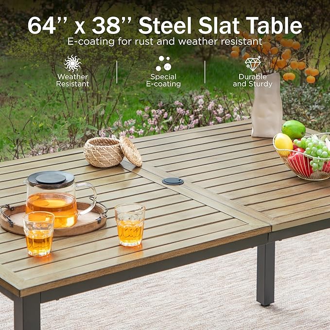 PHI VILLA 7 Pieces Outdoor Patio Dining Set for 6, 65”Rectangular Wood-Like Brown Metal Steel Table with Umbrella Hole & Stackable Wrought Iron Chairs, Outside Furniture Set for Deck, Porch, Backyard