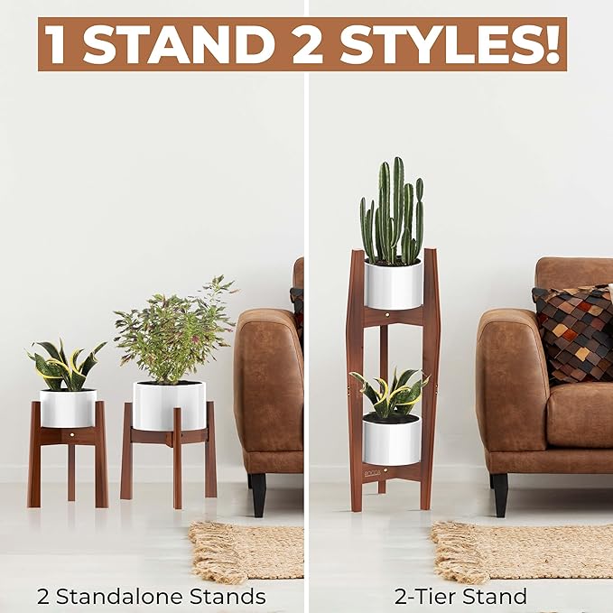 ROCCA 2-Tier Adjustable Width 8" to 12" Stackable Bamboo Tall Plant Stand Indoor, Corner Wood Plant Stand, Wooden Plants Holder, Plants Stands Indoor, Modern Pedestal Tables for Multiple Pots