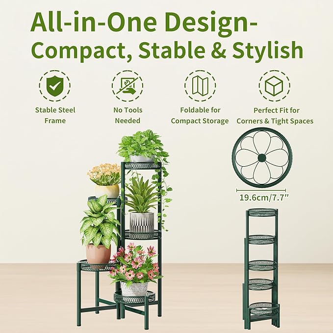 NQW 5-Tier Metal Plant Stand Indoor Outdoor, Corner Tall Plant Shelf for Multiple Plants, Foldable Plant Stand, Heavy Duty Flower Stand Holder for House Living Room Balcony Garden Patio -GreenFlower