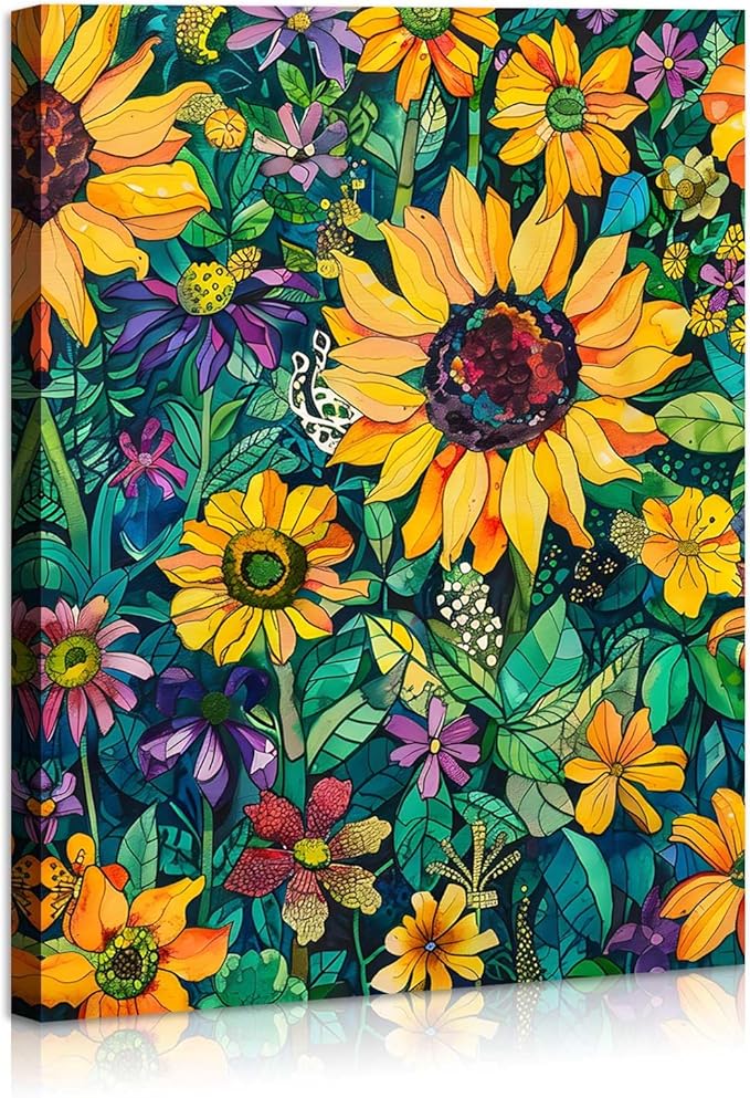 FUNHUA Sunflower Paintings Modern Floral Canvas Prints Aesthetic Posters Farmhouse Sunflower Wall Art Bathroom Decor Flower Pictures for Living Room Bedroom Office With Wood Framed 12X16inches