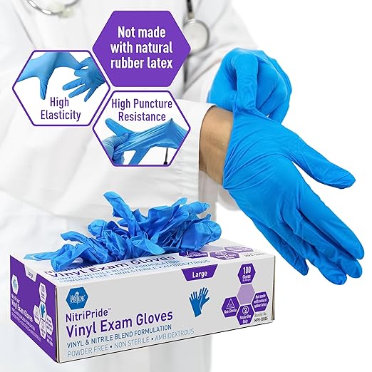 MED PRIDE Nitrile/Vinyl Blend Exam Gloves, Powder-Free, Latex-Free, Disposable, Non-Sterile, Blue, Large (Box of 100)