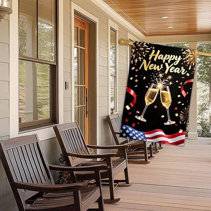 Happy New Year House Flag 28x40 Inch Champagne Glasses Fireworks and American Flag Design Garden Flag Patriotic Holiday Outdoor Yard Decoration Banner for Home Porch Lawn