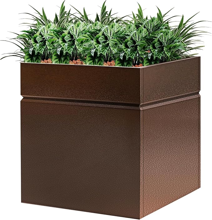 HONYTA Matel Planter Box 17" L x 17" W x 18" H, Cube Heavy Duty Powder Coating Steel Planters with Drainage Hole, Indoor Outdoor All-Weather Use for Home, Porch, Patio, Garden(Bronze)
