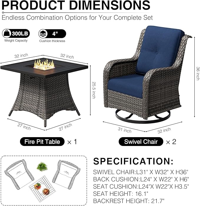 Joyside 3 Piece Wicker Patio Furniture Set with Fire Pit Table, Outdoor Swivel Rocker Patio Chairs with High Back, Deep Seating, Wide Armrest, Thickened Cushions, Outdoor Furniture for Deck, Porch Use