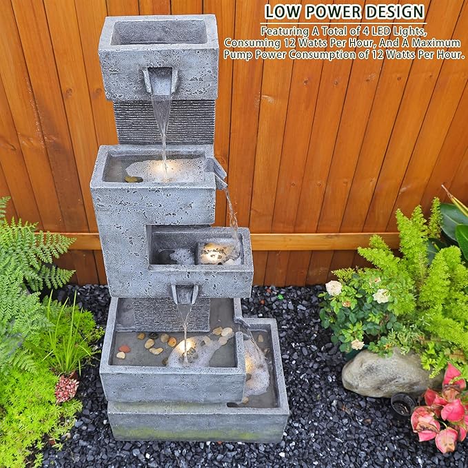 Garden Fountains Outdoor Water Fountain - 47.2 Inches 4 Tired Modern Indoor Floor Standing Outdoor Fountain with Lights Pump for Garden Patio Backyard Porch Home Art Decor