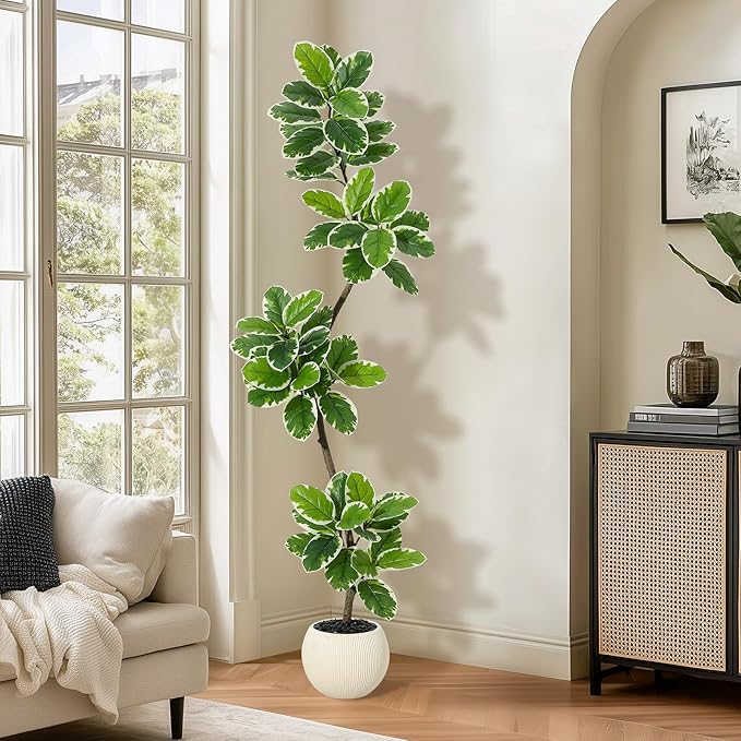 GarveeHome Fiddle Leaf Fig Tree Artificial Indoor, 6 ft Tall Faux Rubber Tree with Sphere Planter, Tall Artificial Plants with Moss for Home Decor Office Living Room