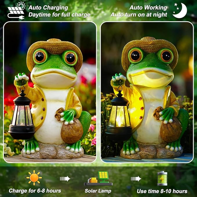 Pohabery Large Frog Garden Statue, 13.3 Inches Tall, Resin Frog Decor with Solar Lantern for Outdoor Decoration and Housewarming