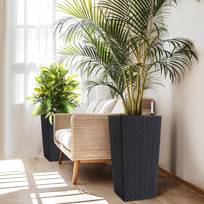 22.5 Inch Tall Planter Set of 2 Large Rattan Flower Pot with 2 Trays & a Water Level Monitor & Wheels Outdoor and Indoor for Patio, Porch, Living Room, or Home Office, Black