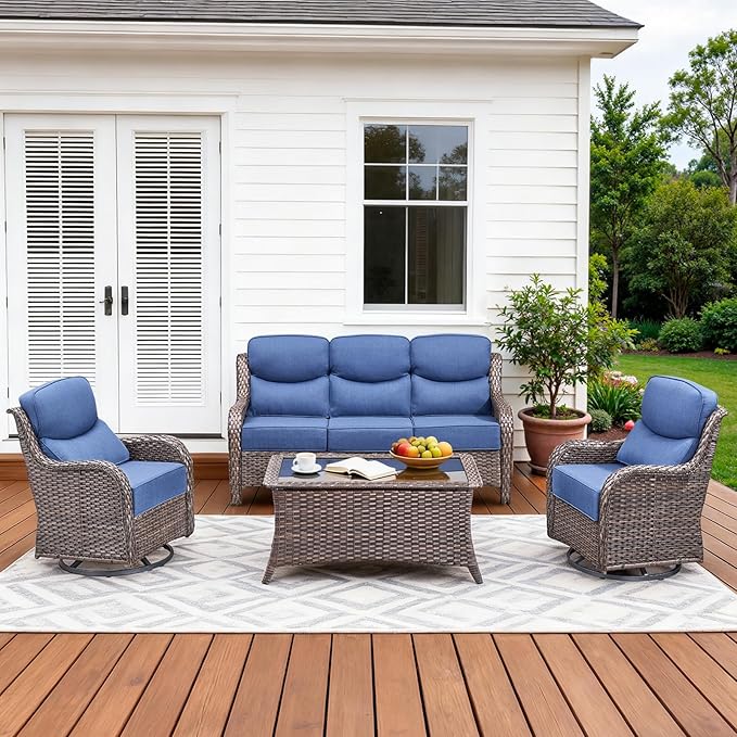 Luxury High Back Patio Furniture Set with 6-Inch Thick Cushions, 4-Pieces Outdoor Furniture with Swivel Chairs, Wicker Conversation Set for Porch, Balcony, Deck and Yard, Brown/Blue