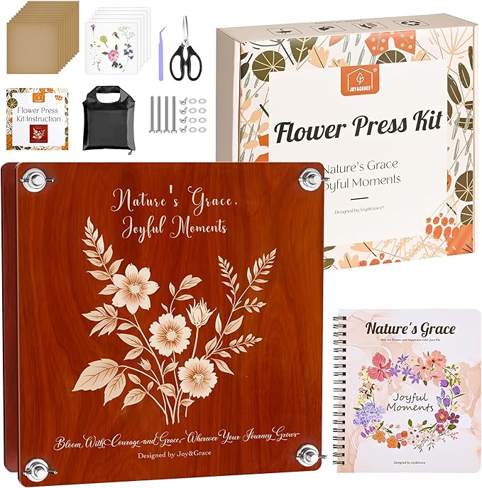 Joy&Grace Large Flower Press Kit for Adults & Kids with Designed Cover and DIY Album, 10.9" x 10.9" 10 Layers Plant Press and Plant Drying Toolkit, Flower Preservation Kit (Color Box, Mahogany Color)