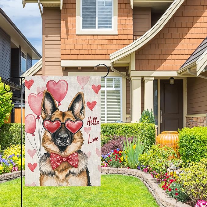 Valentine's Day German Shepherd Hello Love Garden Flag, House Yard Plaid Love Heart Outside Decoration, Spring Holiday Wedding Anniversary Outdoor Small Decor 12x18(12626)