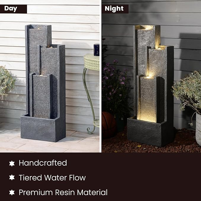 39" Modern Outdoor Water Fountain with LED Lights – Grey Tiered Geometric Indoor Waterfall Fountain for Garden, Lawn, Porch or Backyard Décor, Floor Standing Resin Patio Water Feature Outside