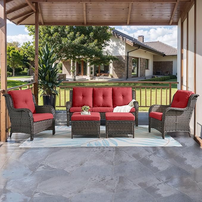 HUMMUH Outdoor Furniture 5 Pieces Patio Furniture Set Wicker Outdoor Sectional Sofa with 2 Patio Chairs,Ottomans(Brown/Red)