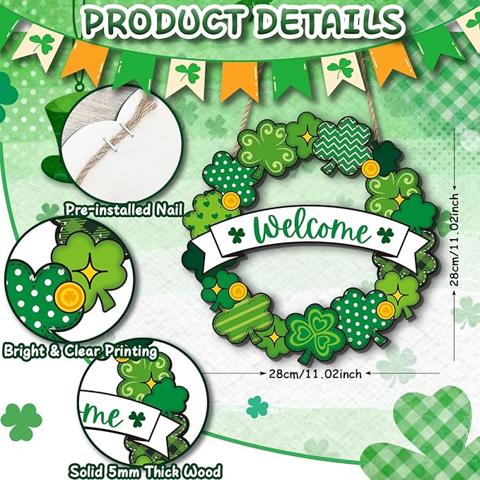 St. Patrick’s Day Decorations, Welcome Shamrock Door Sign, Clover Wooden Hanging Sign, St. Patrick’s Day Shamrock Wreath Door Hanger for Front Door Porch Wall Entryway