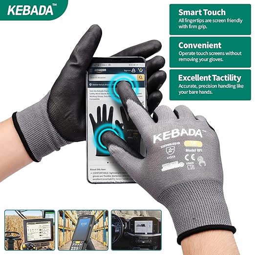 Kebada Safety Work Gloves,120 Pairs Bulk Pack, Touchscreen, PU Coated, Ideal for Warehouse, Construction, Gardening and Mechanics, Grey, Small