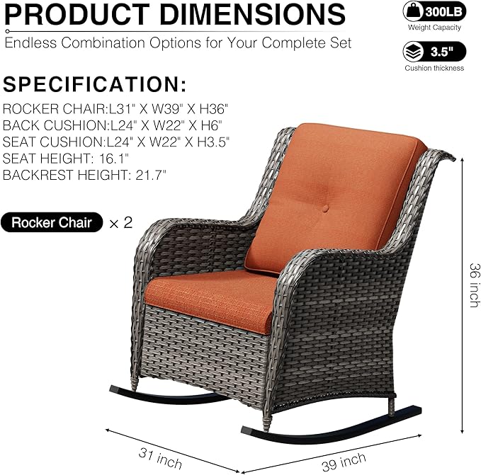 Joyside Outdoor Rocking Chairs Set of 2, Wicker Patio Furniture with High Back, Deep Seating, Wide Armrest, Thickened Cushions, Outdoor Rattan Furniture for Deck, Porch Use