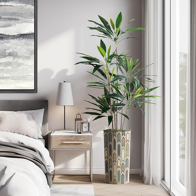 SIGNWIN Artificial Tree in Modern Polygon Pattern Effect Planter, Fake Dracaena Tree Silk Tree for Indoor and Outdoor Home Decoration - 66" Overall Tall (Plant Pot Plus Tree)