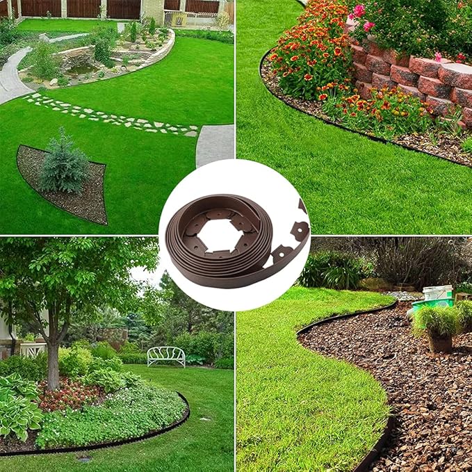 Landscape Edging 33ft,Garden Edging Borders[Extra Tall 4IN ] Flexible Lawn Edging Kit with Total 50pcs Spikes, Heavy Duty Landscaping Edge Plastic Fence for Tree Yard Grass Flower Bed -Brown
