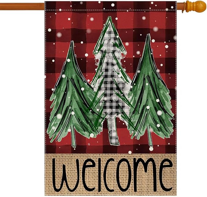 Welcome Red Buffalo Plaid Christmas Trees Garden Flag 28 x 40 Inch Vertical Double Sided Buffalo Plaid Red Holiday Yard Outside Xmas Decor House Flag