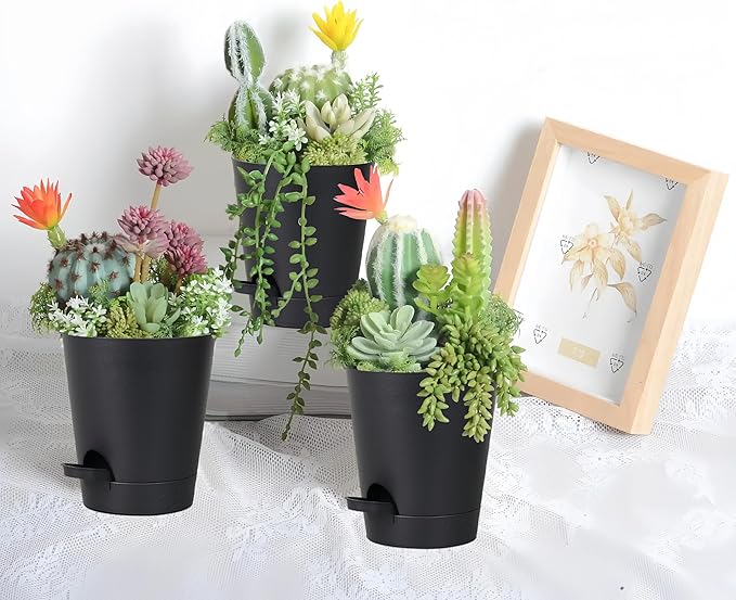 zople 12 Pack 4 Inch Self Watering Plant Pots with Drainage and Saucers，Plastic Flower Pots for Indoor and Outdoor Plants, Nursery Planters for Houseplants and Herbs Black, 4 inch 12pcs