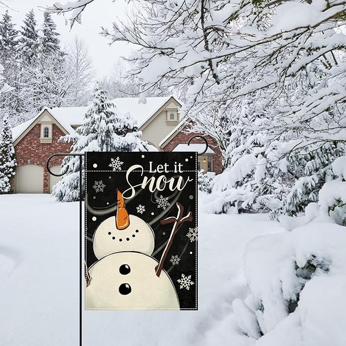 Artofy Winter Snowman Black Small Decorative Garden Flag, Let It Snow Snowflake Yard Lawn Outside Decor, Christmas Seasonal Burlap Outdoor Home Decoration Double Sided 12 x 18